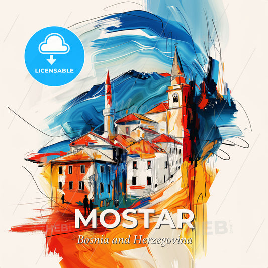 Vibrant Mostar, Bosnia And Herzegovina - A Painting Of A Town - Square format print template