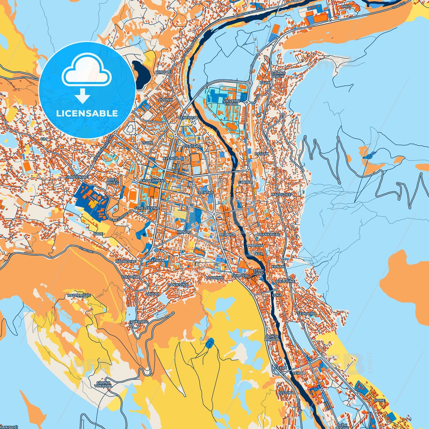 Colorful Mostar Street Map with Labels and Buildings