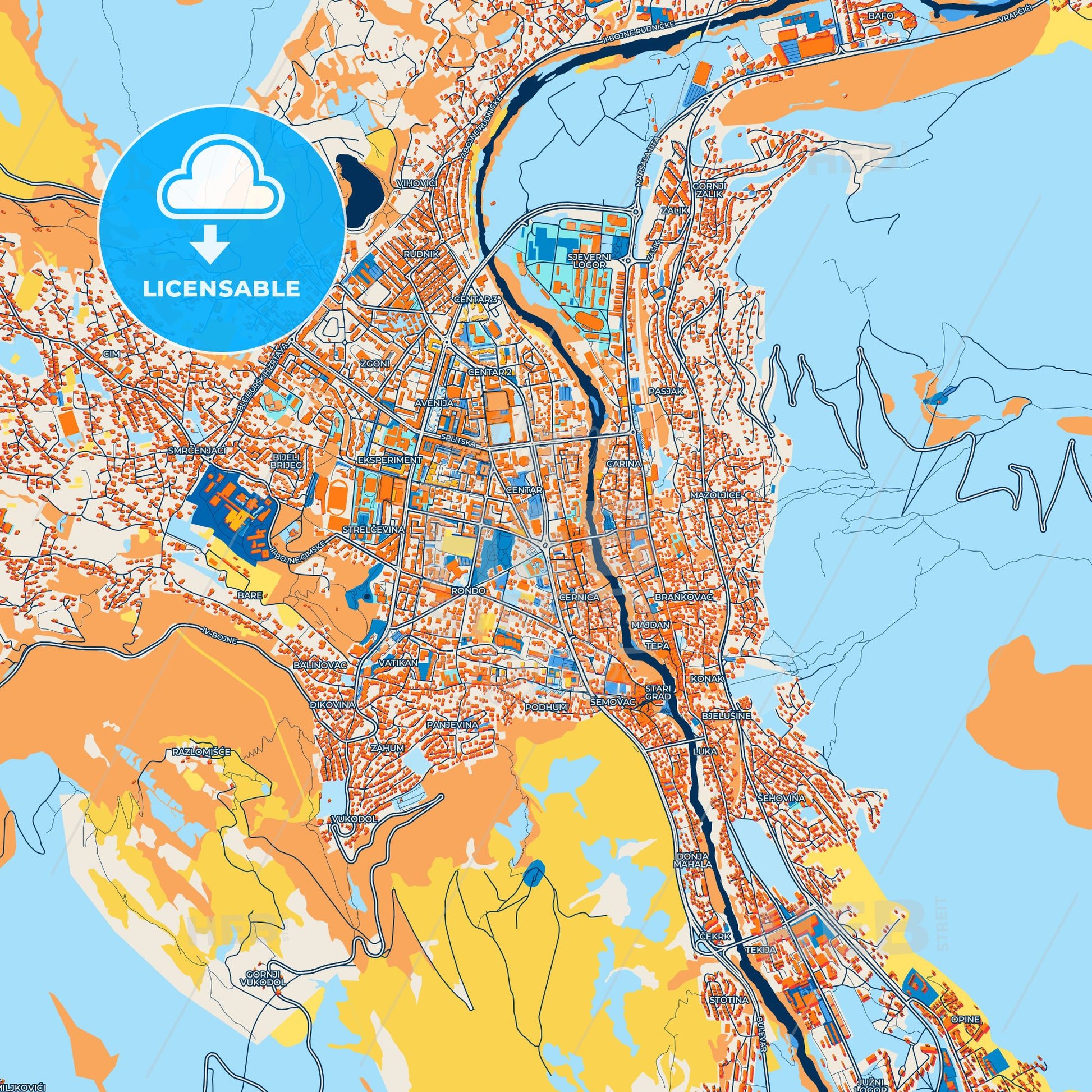 Colorful Mostar Street Map with Labels and Buildings