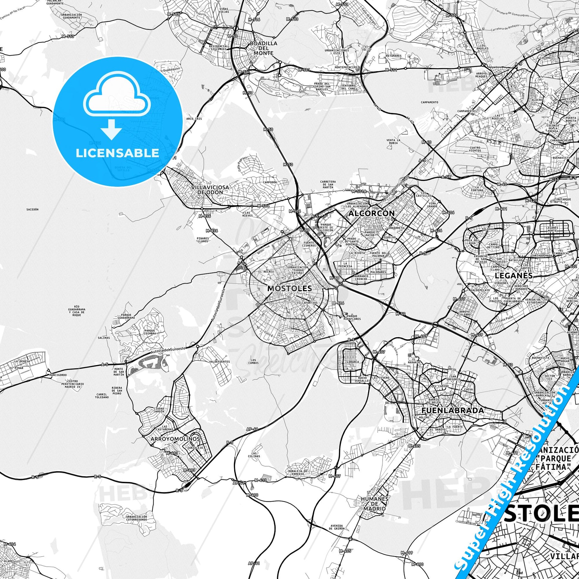 Móstoles, Spain light map with streetnames, citynames and districts