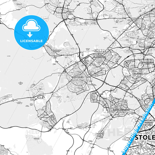 Móstoles, Spain light map with streetnames, citynames and districts