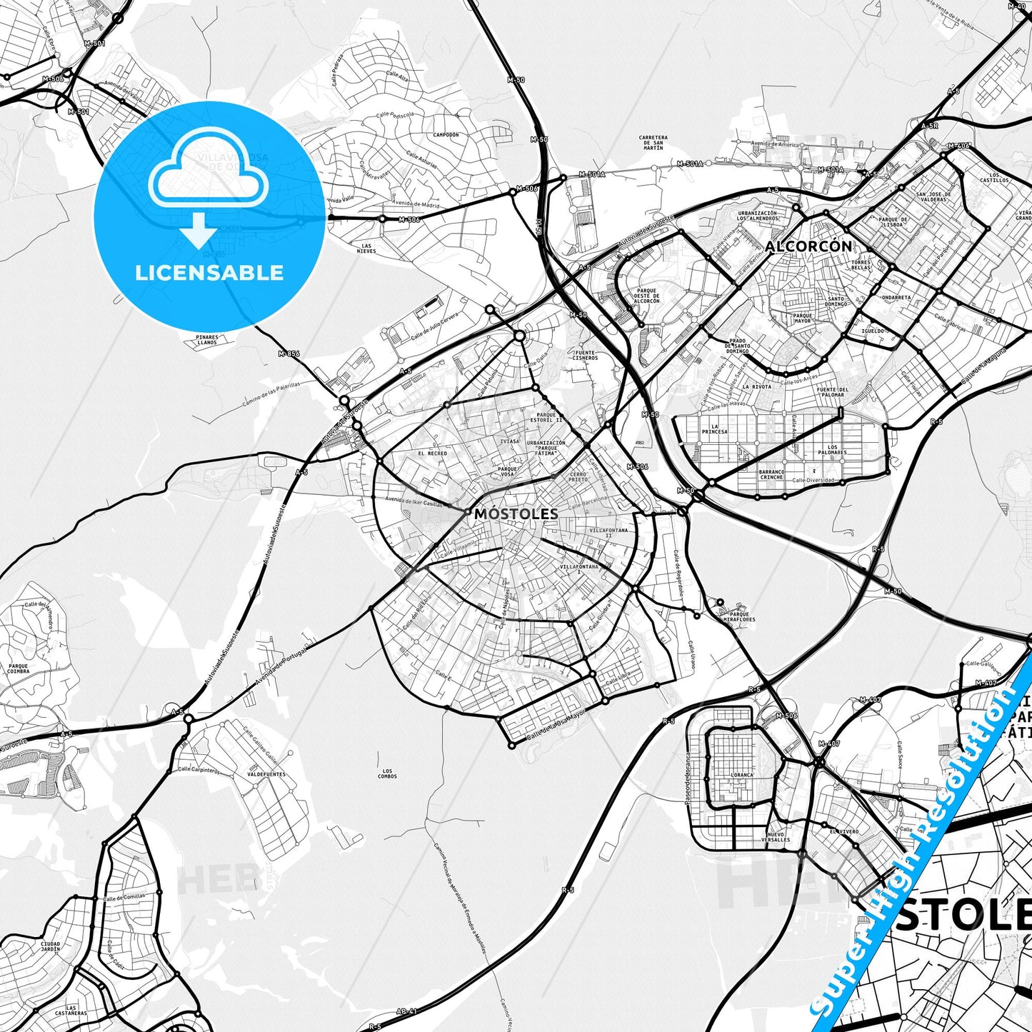 Móstoles, Spain Light Map with Street Names, City Names, and Districts