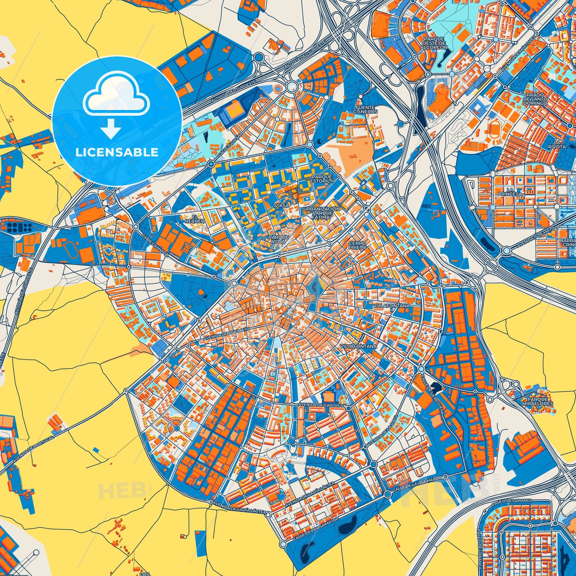Colorful Móstoles Street Map with Labels and Buildings
