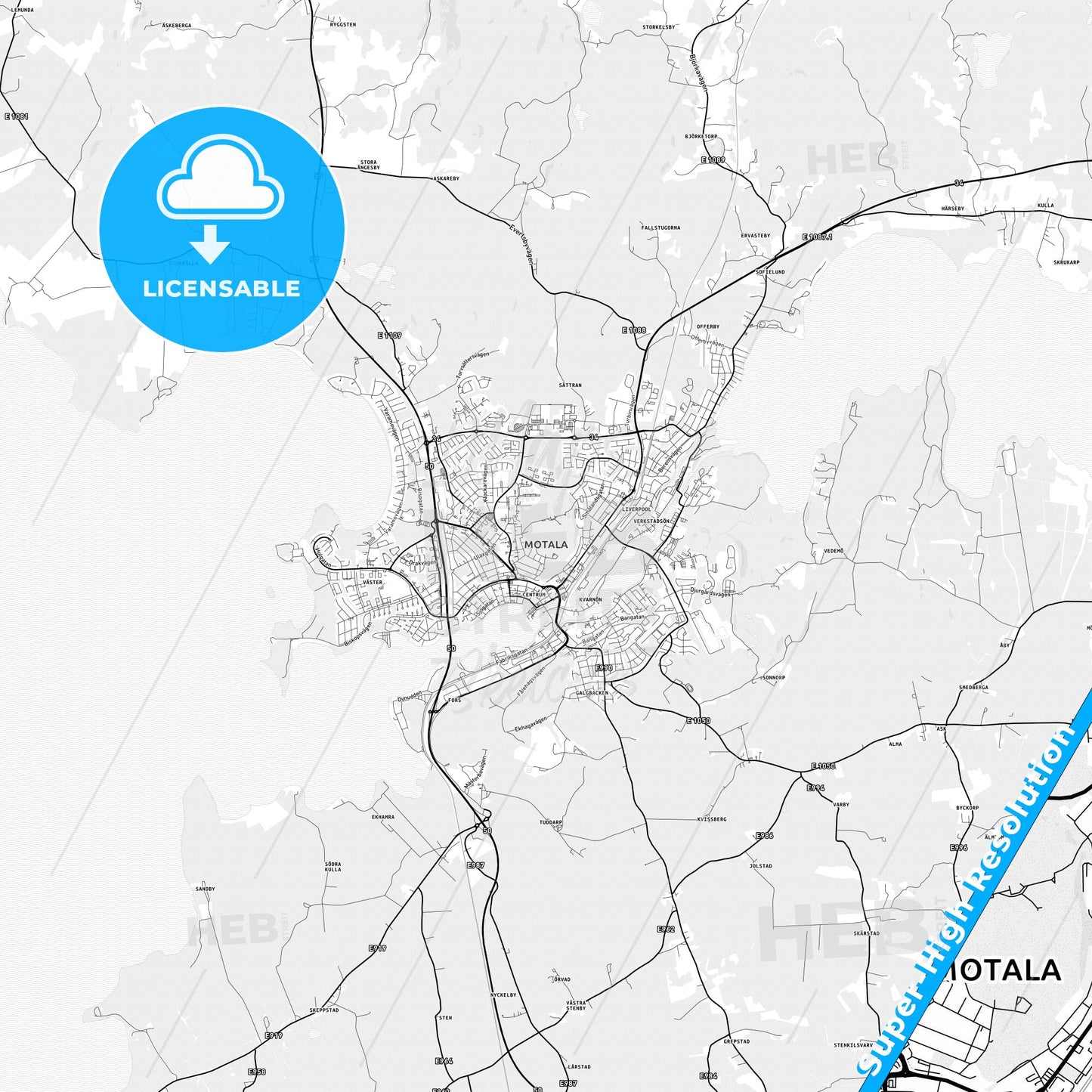 Motala, Sweden light map with streetnames, citynames and districts
