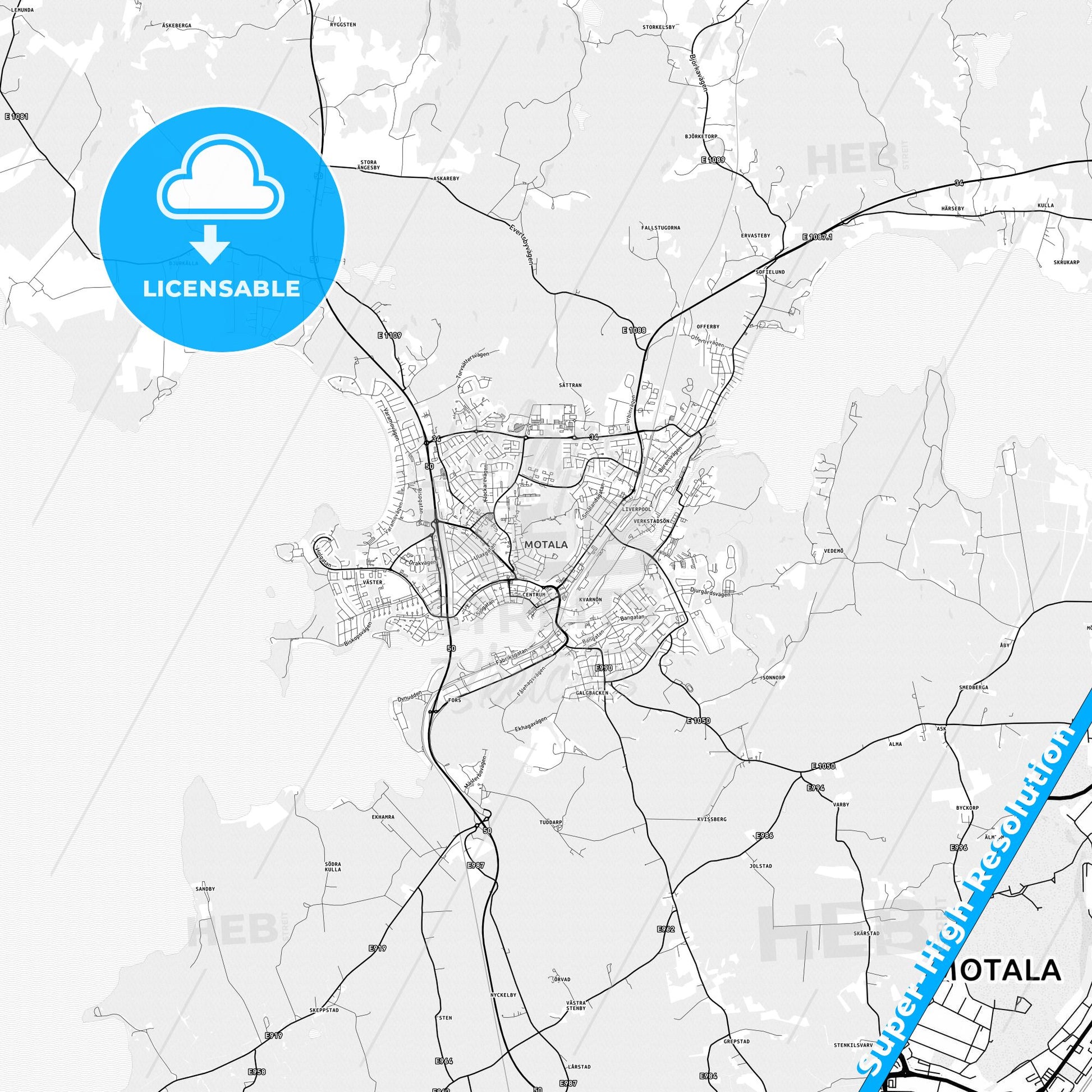 Motala, Sweden light map with streetnames, citynames and districts
