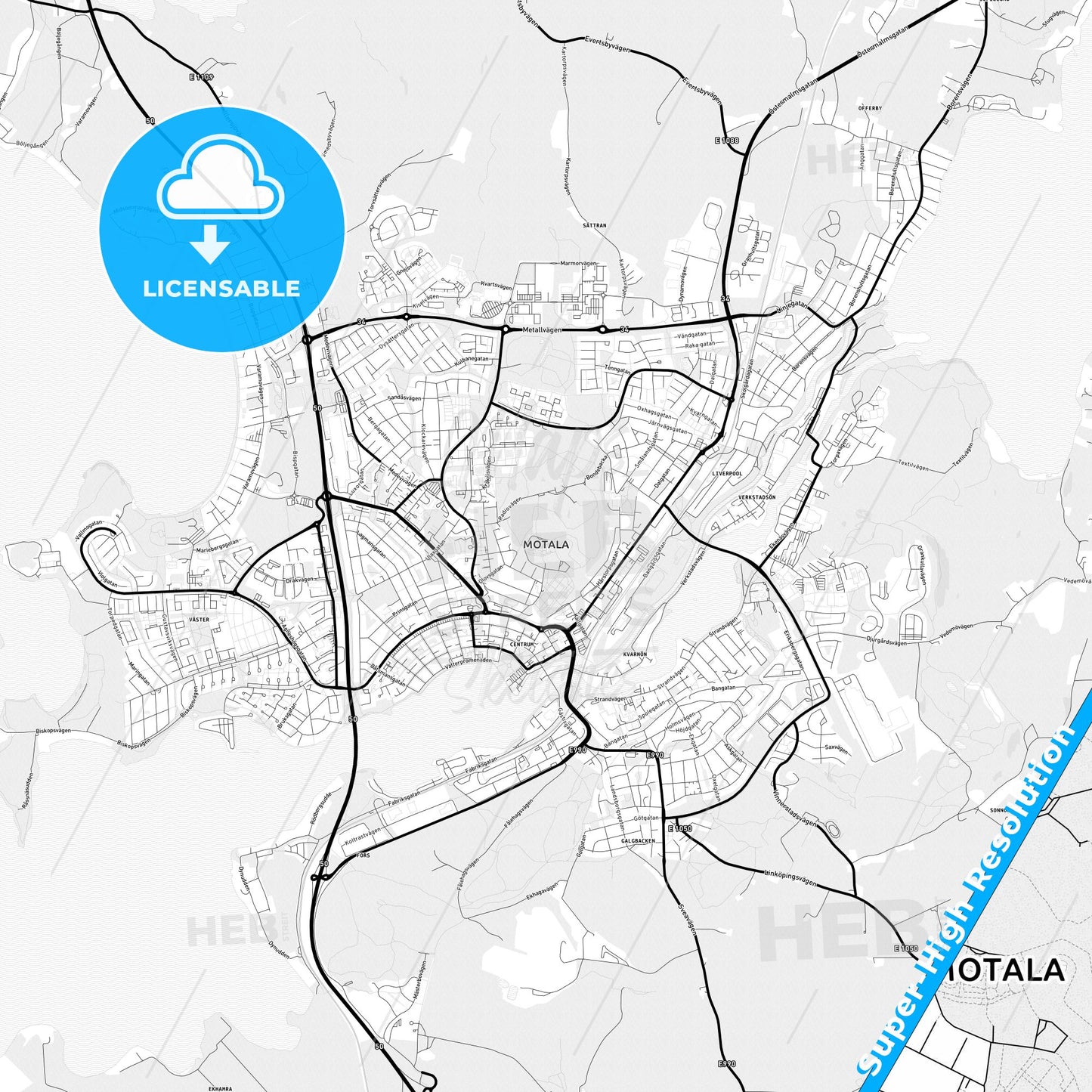 Motala, Sweden Light Map with Street Names, City Names, and Districts