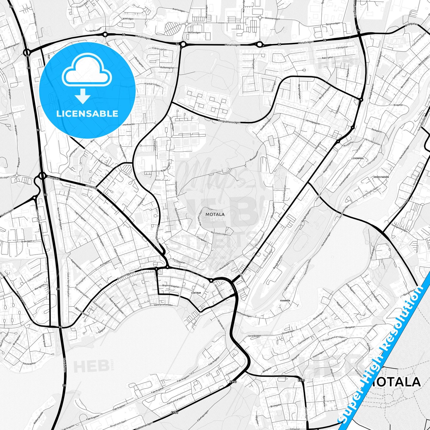 Motala, Sweden Light Map with Street Names, City Names, and Districts
