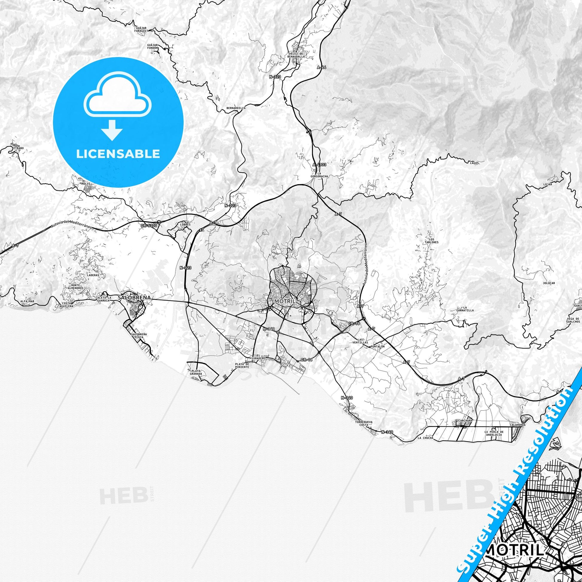 Motril, Spain light map with streetnames, citynames and districts