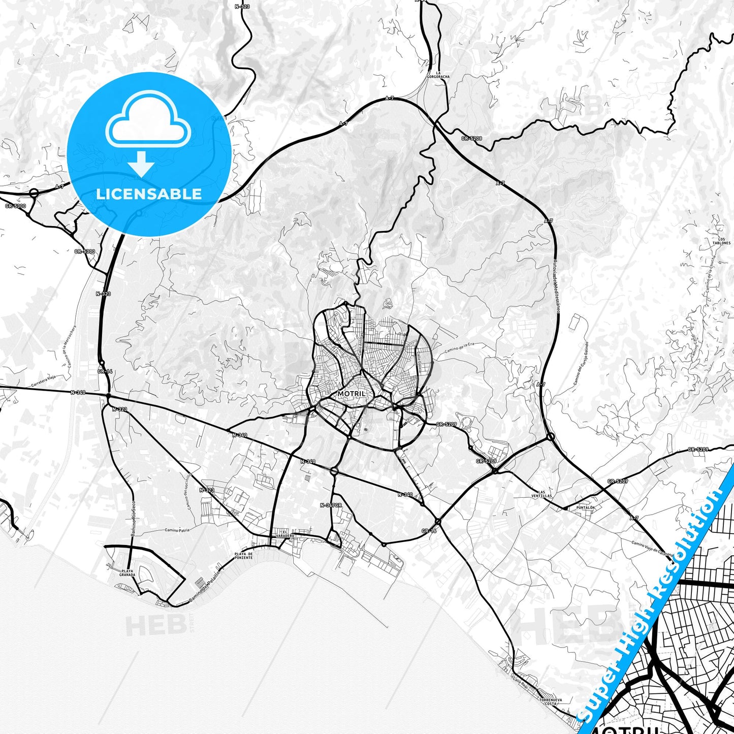 Motril, Spain Light Map with Street Names, City Names, and Districts