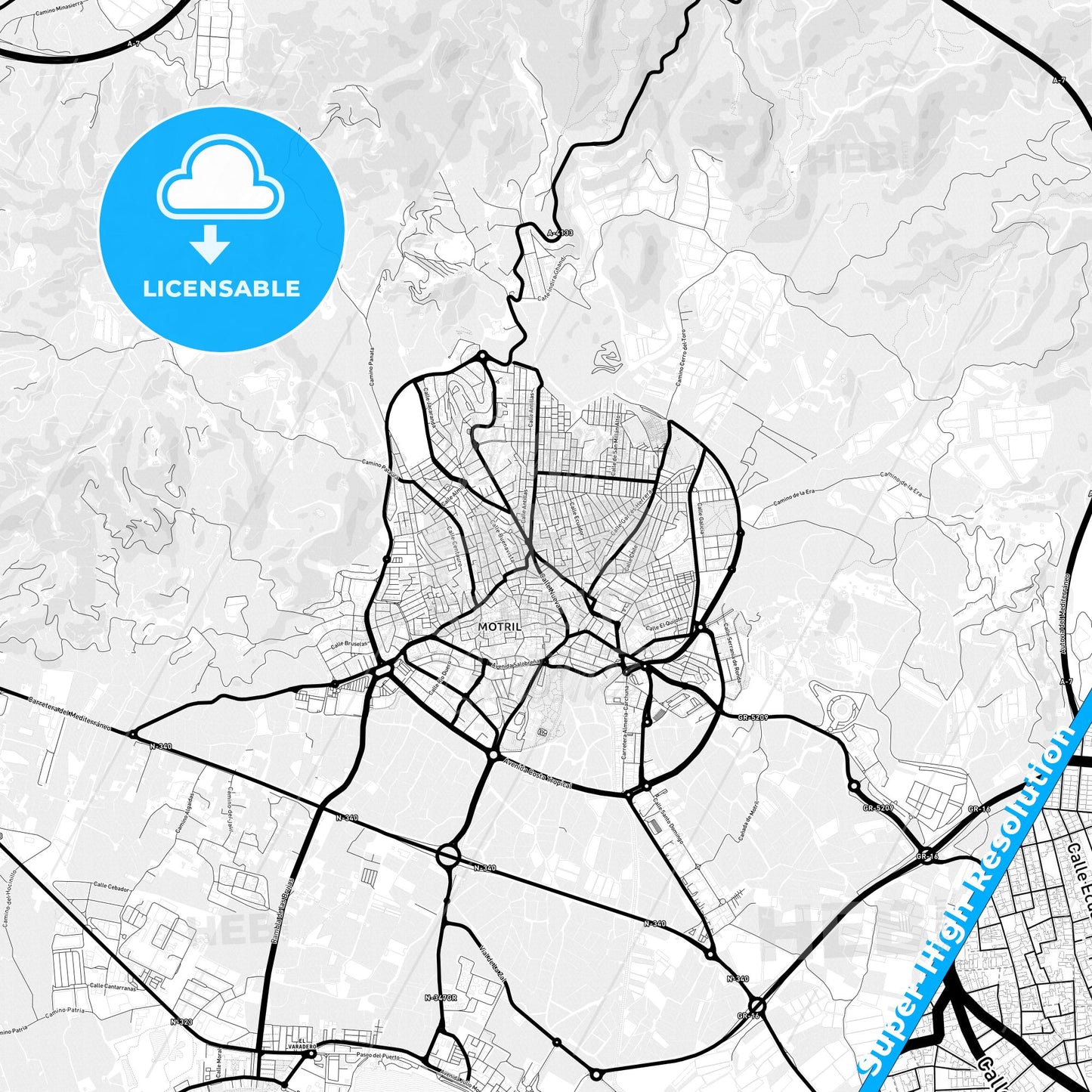 Motril, Spain Light Map with Street Names, City Names, and Districts