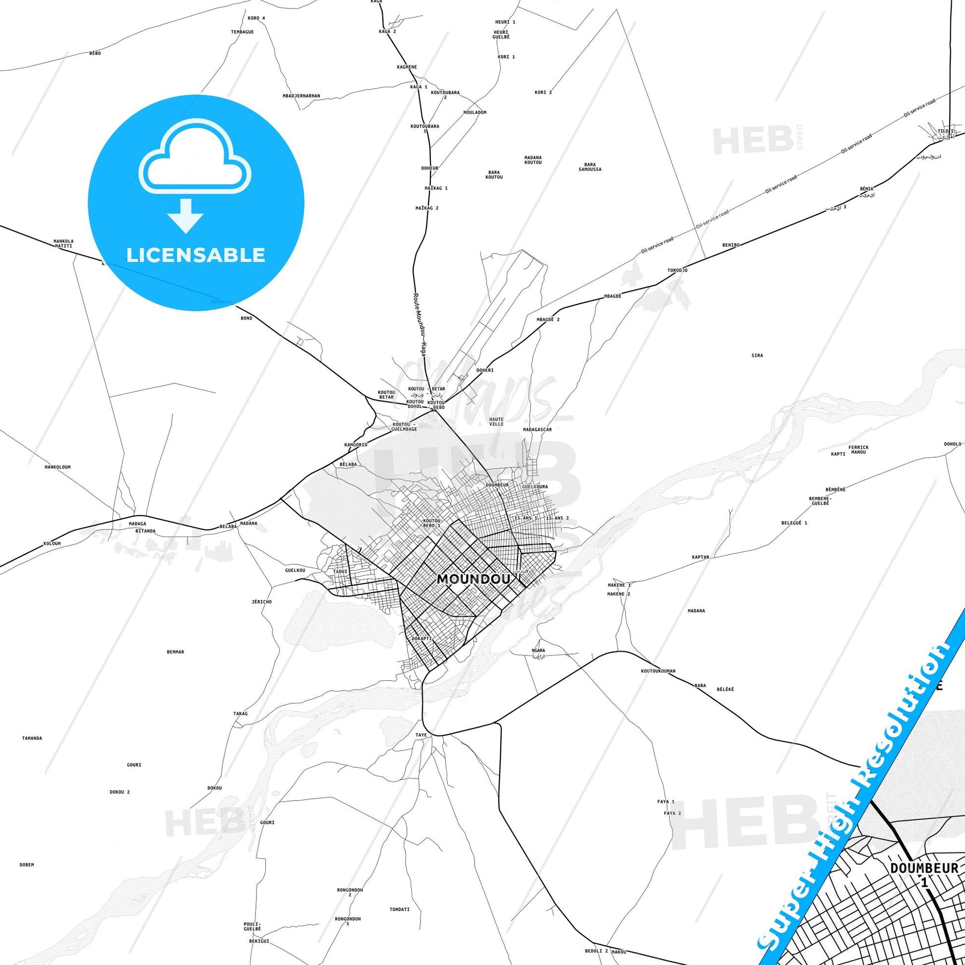 Moundou, Chad light map with streetnames, citynames and districts