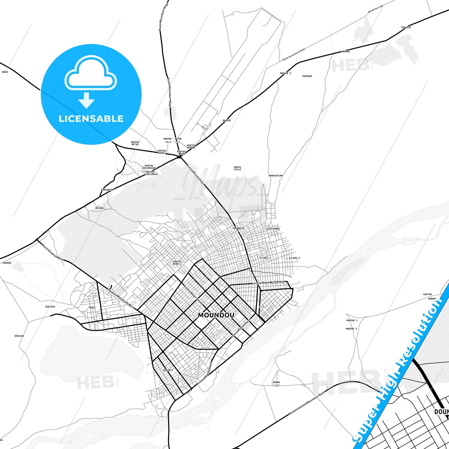 Moundou, Chad Light Map with Street Names, City Names, and Districts