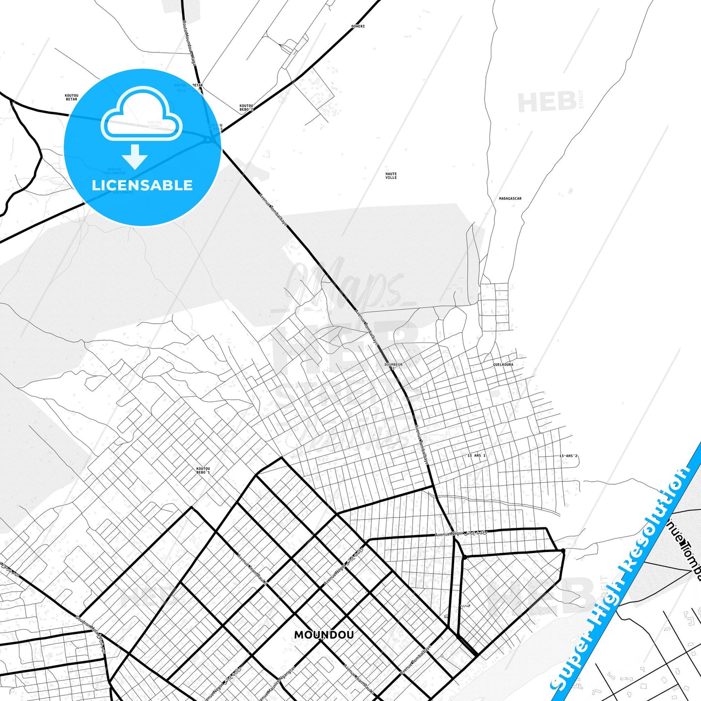 Moundou, Chad Light Map with Street Names, City Names, and Districts
