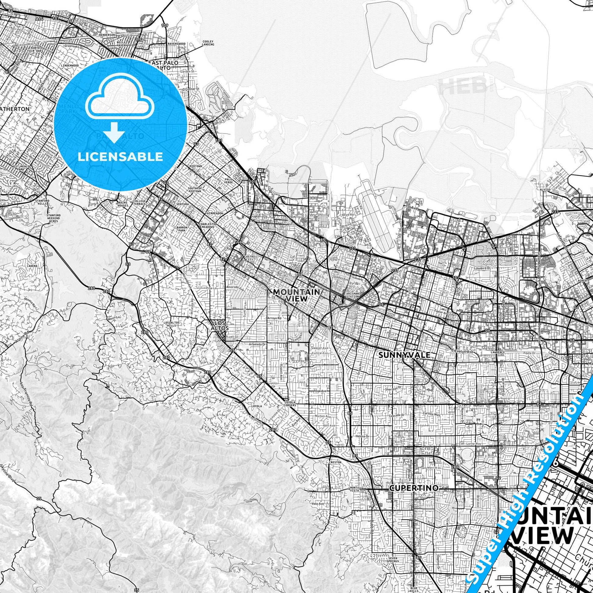 Mountain View, California light map with streetnames, citynames and districts