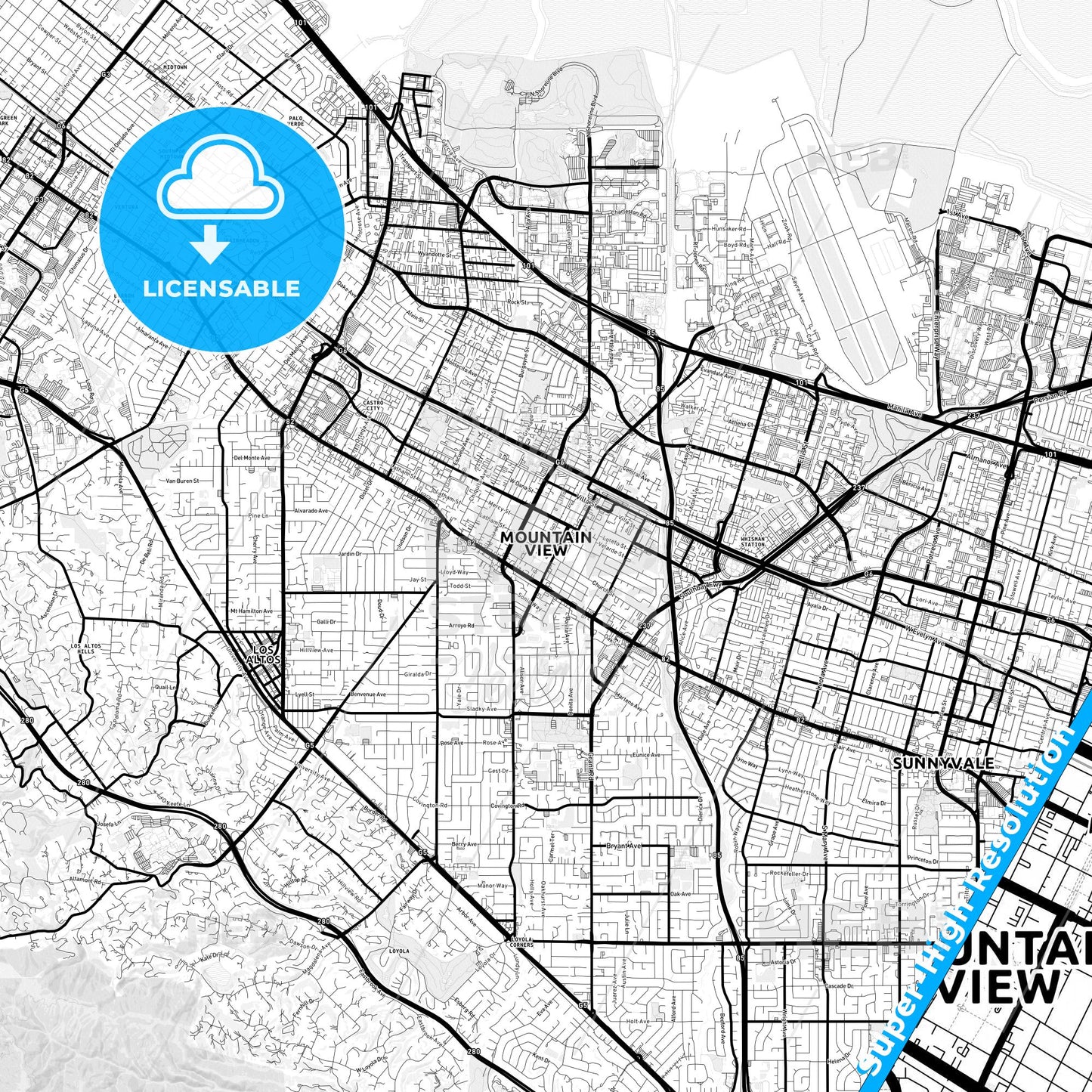 Mountain View, California Light Map with Street Names, City Names, and Districts