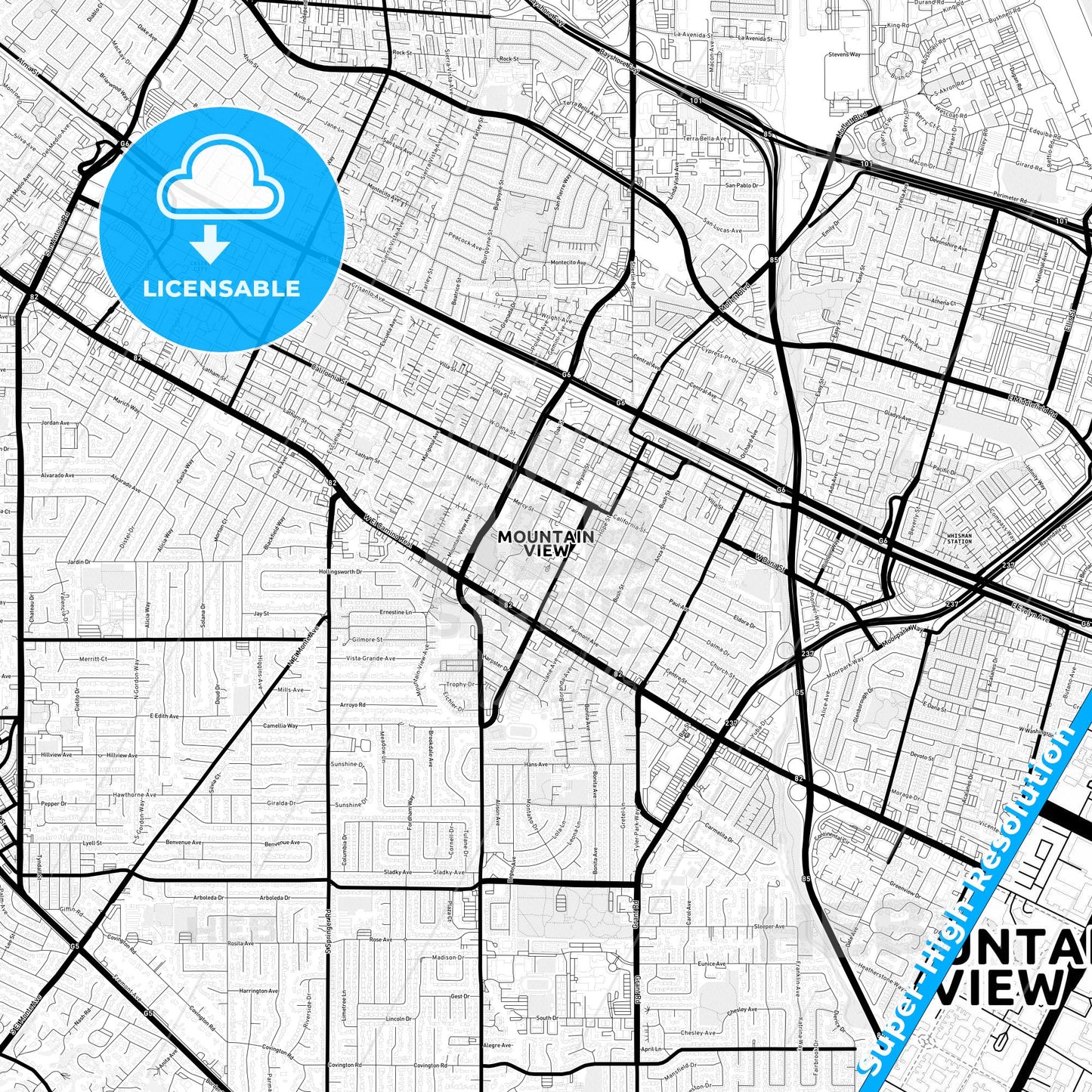 Mountain View, California Light Map with Street Names, City Names, and Districts