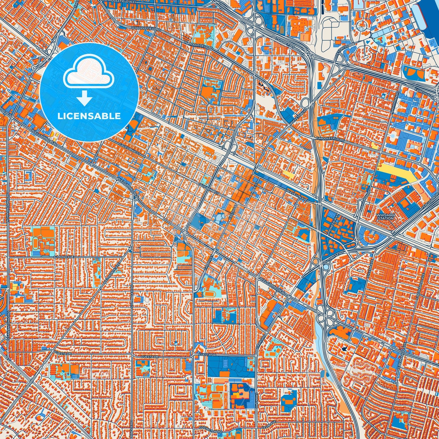 Colorful Mountain View Street Map with Labels and Buildings