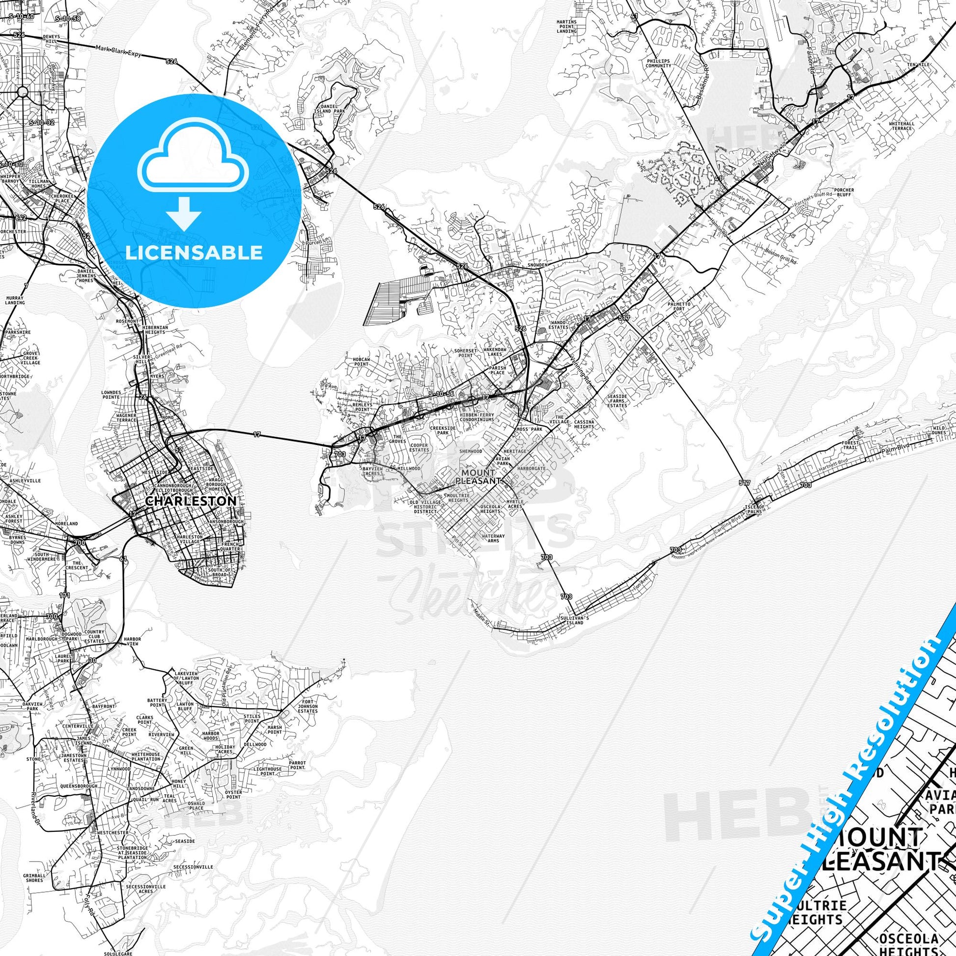 Mount Pleasant, South Carolina light map with streetnames, citynames and districts