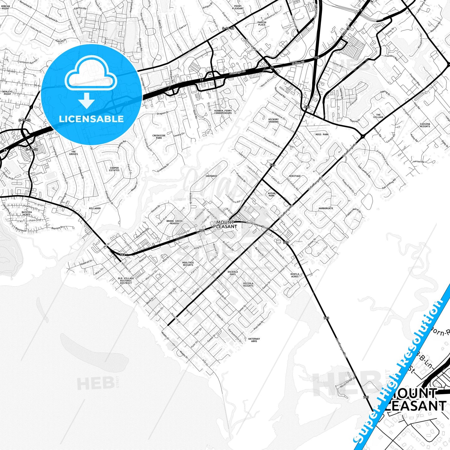 Mount Pleasant, South Carolina Light Map with Street Names, City Names, and Districts