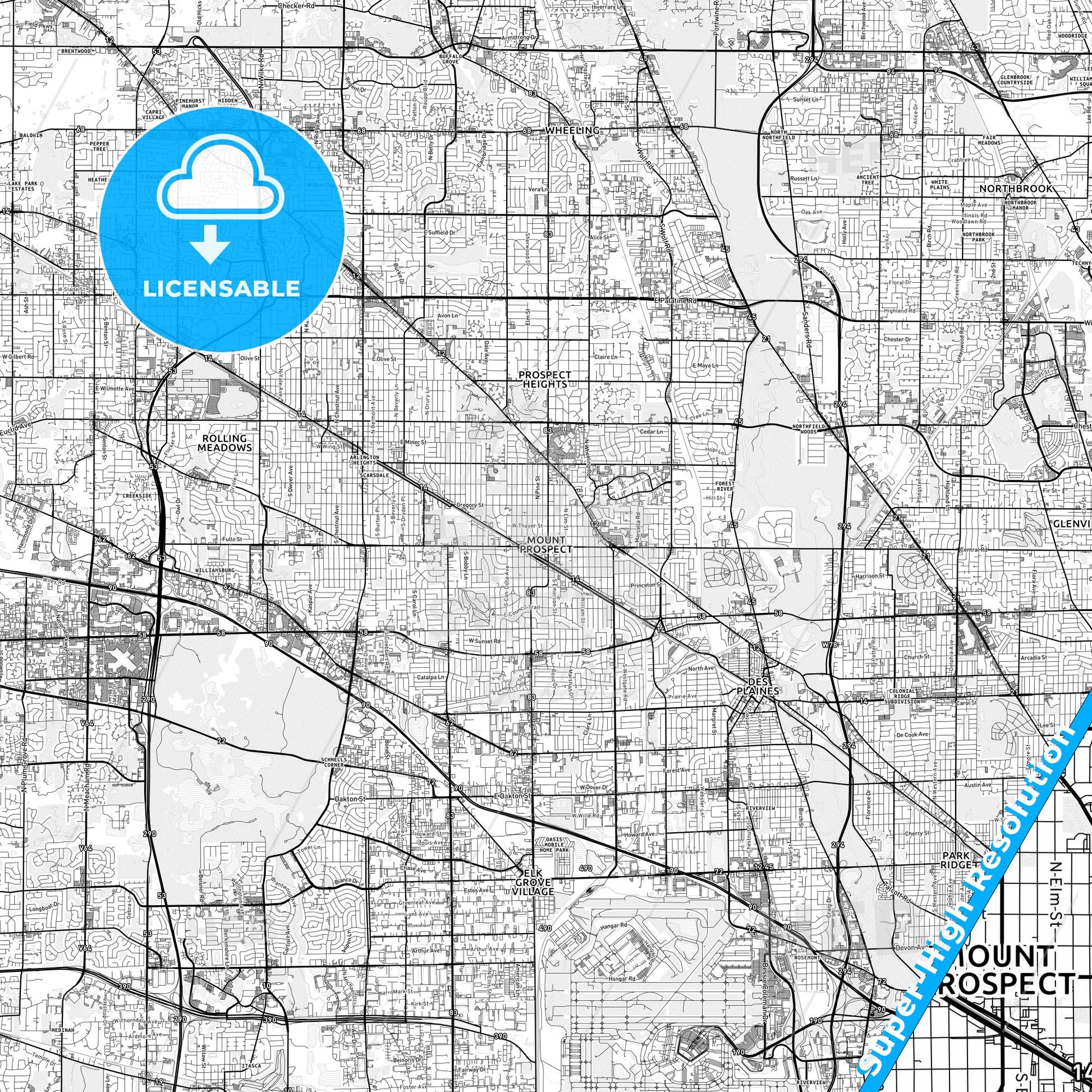 Mount Prospect, Illinois light map with streetnames, citynames and districts