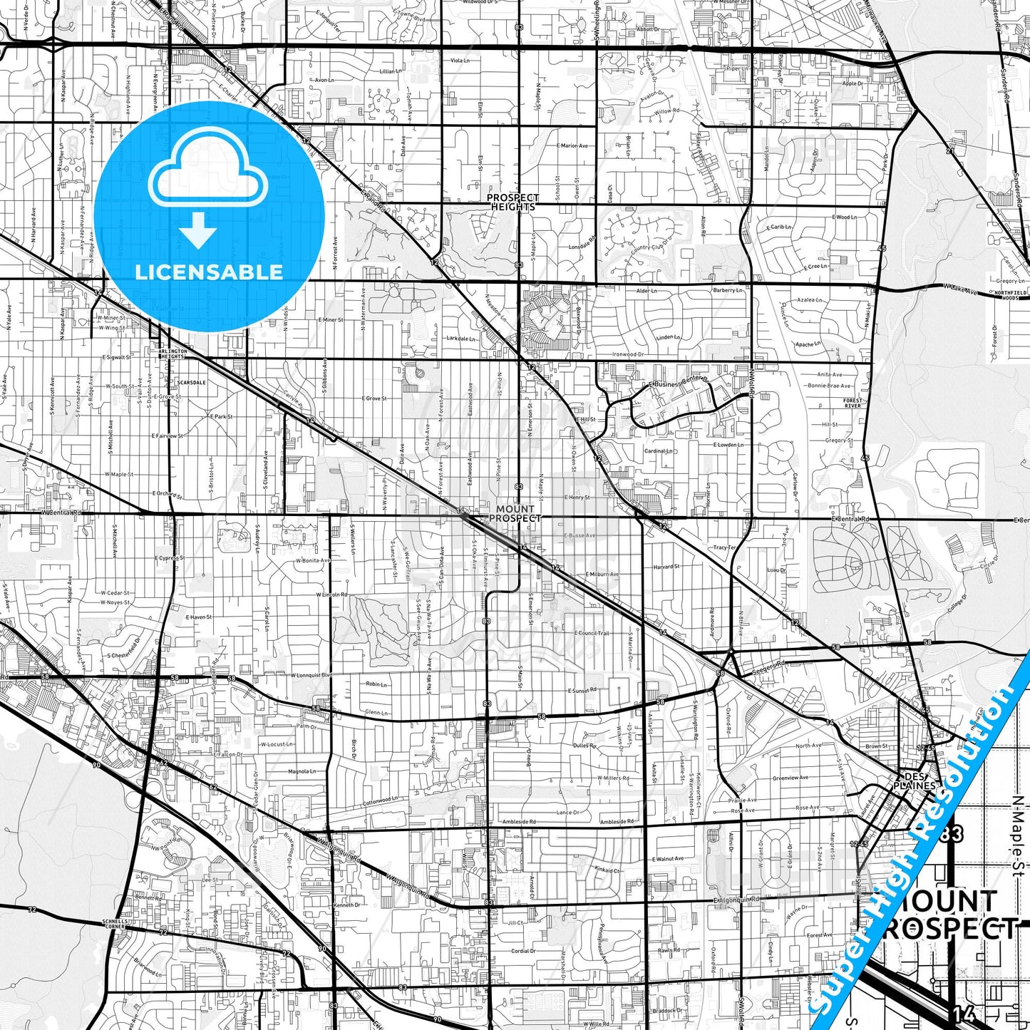 Mount Prospect, Illinois Light Map with Street Names, City Names, and Districts
