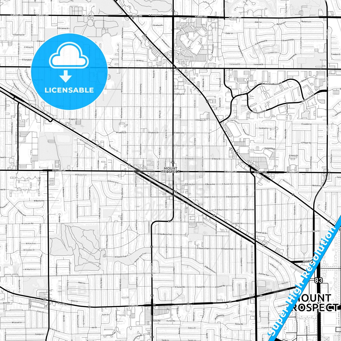 Mount Prospect, Illinois Light Map with Street Names, City Names, and Districts