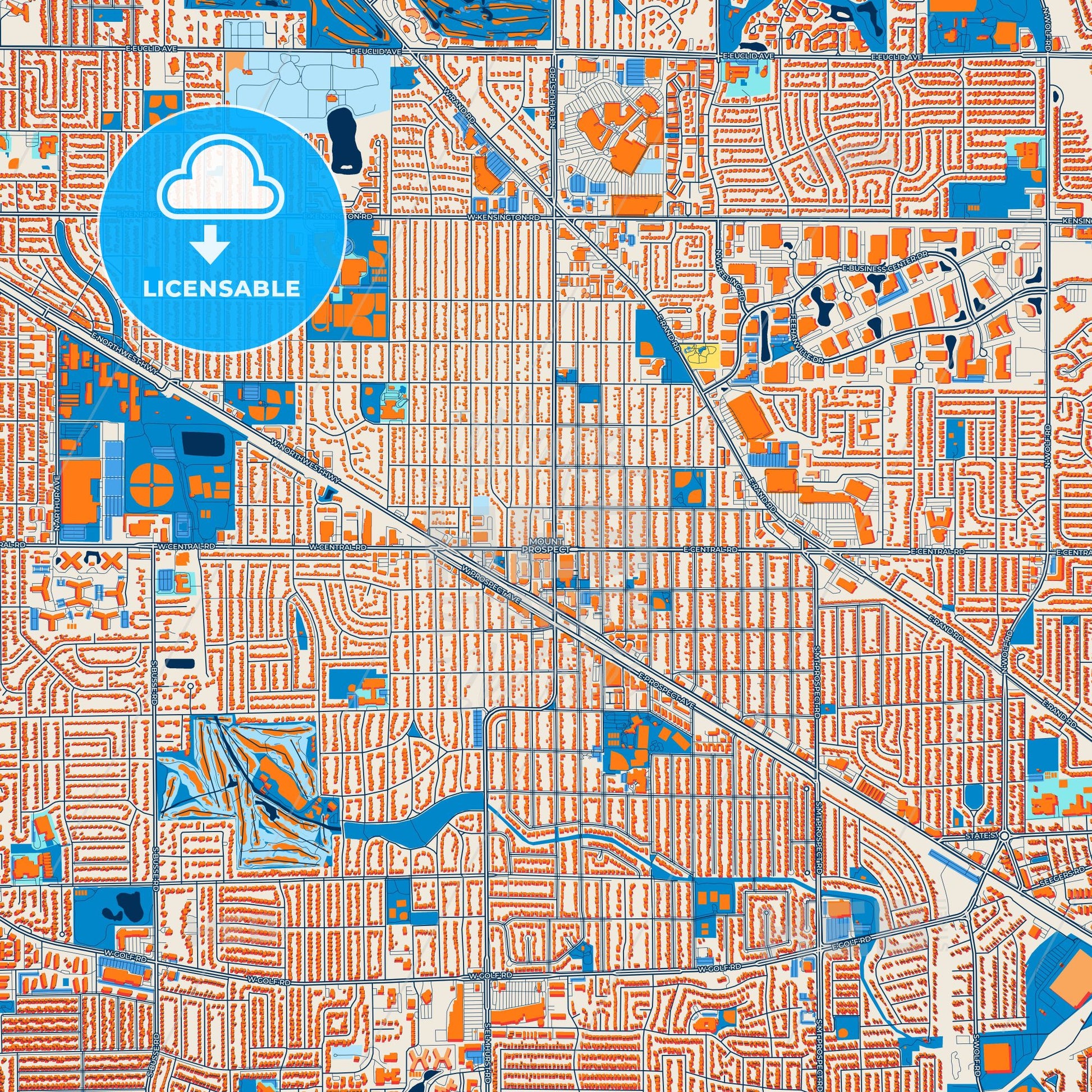 Colorful Mount Prospect Street Map with Labels and Buildings