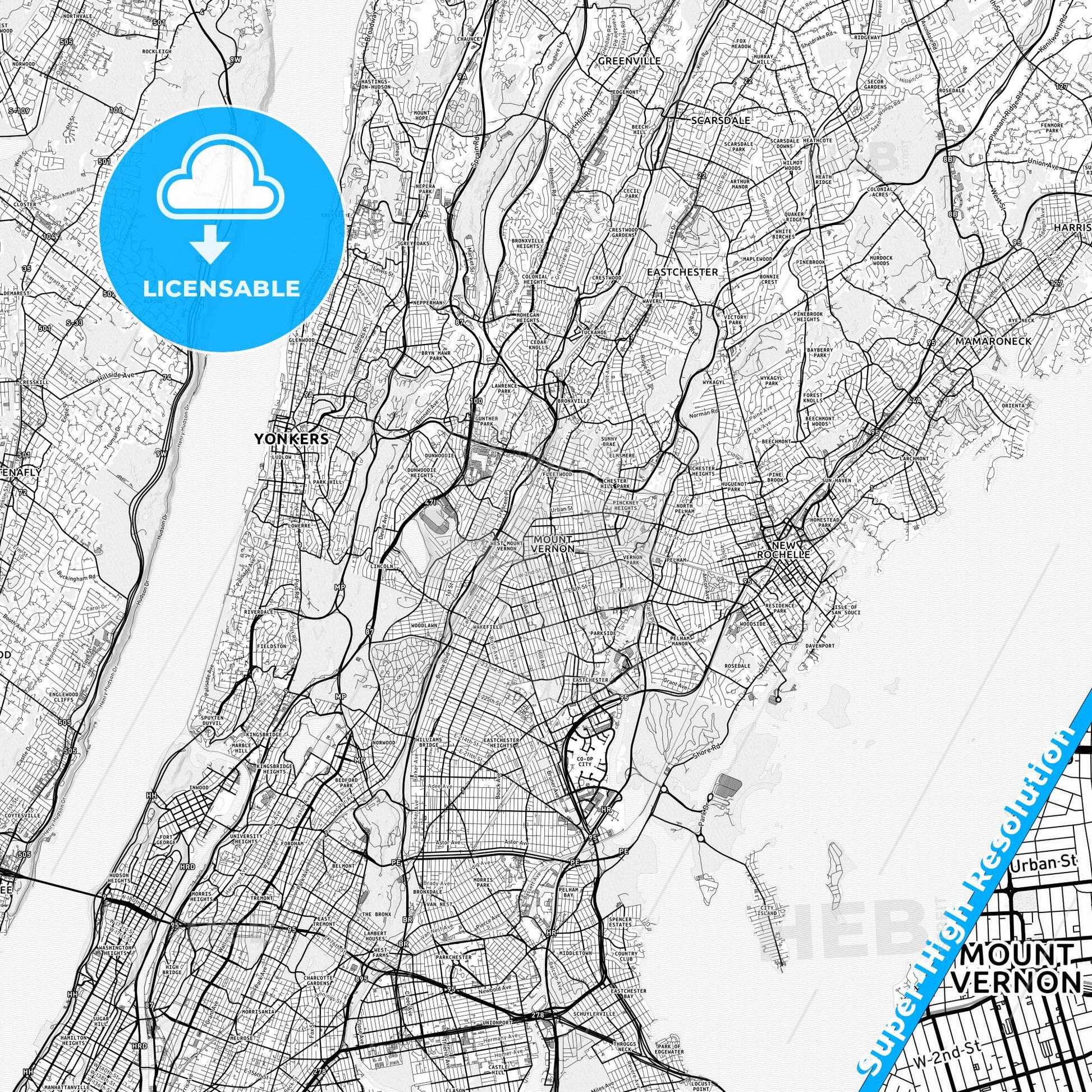 Mount Vernon, New York light map with streetnames, citynames and districts