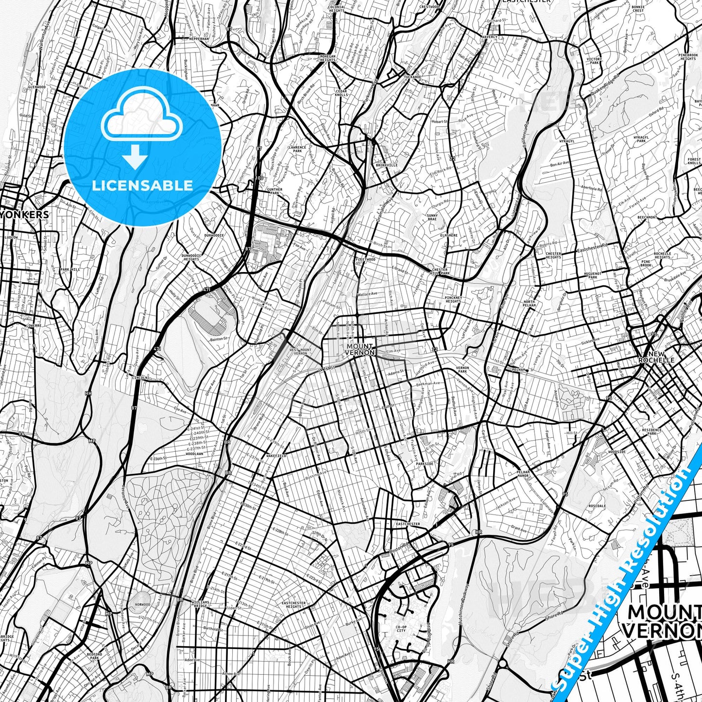 Mount Vernon, New York Light Map with Street Names, City Names, and Districts