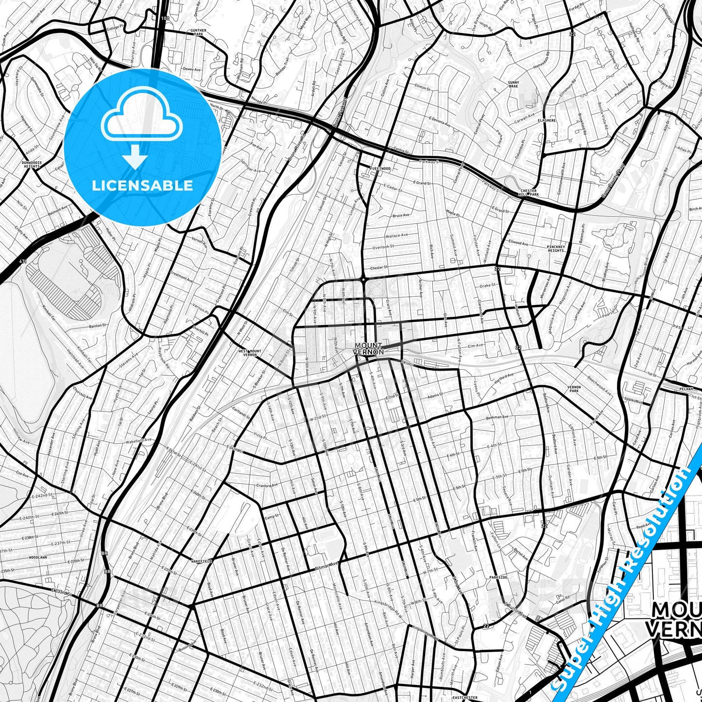 Mount Vernon, New York Light Map with Street Names, City Names, and Districts