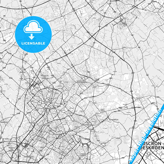 Mouscron, Belgium light map with streetnames, citynames and districts