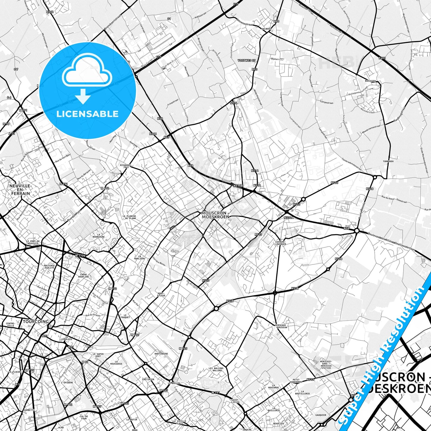 Mouscron, Belgium Light Map with Street Names, City Names, and Districts