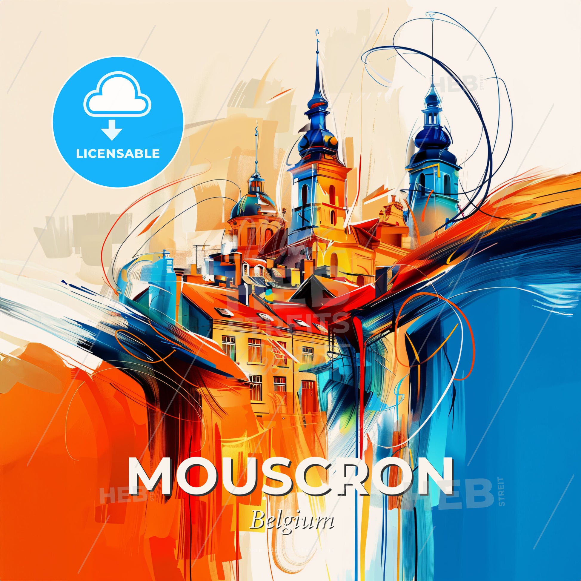 Vibrant Mouscron , Belgium - A Painting Of A Building With Towers - Square format print template