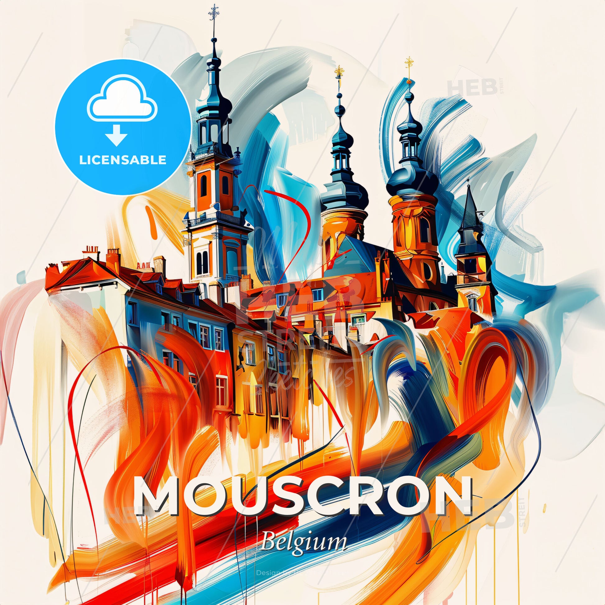 Vibrant Mouscron , Belgium - A Painting Of A Building With Towers - Square format print template