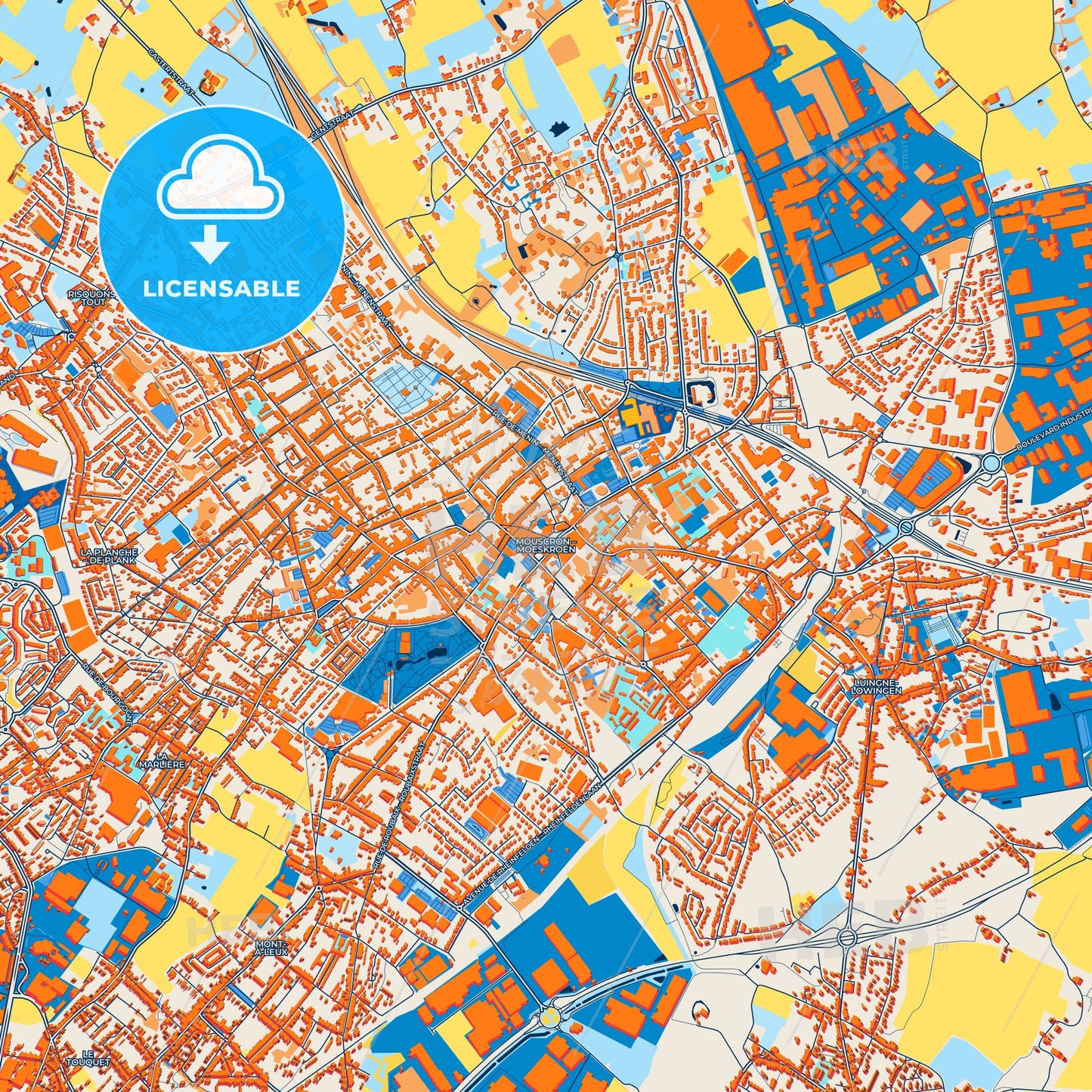 Colorful Mouscron Street Map with Labels and Buildings