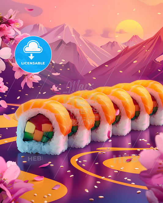 Vibrant Nature-Inspired Sushi Roll Painting in Purple, Yellow, and White, Showcasing the Art of Sushi
