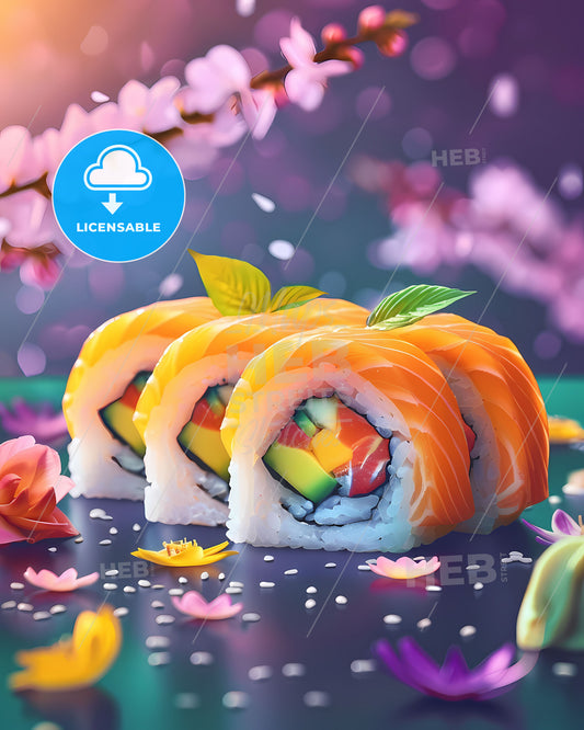 Sushi Rolls Art: Vibrant Painting Against Spring Nature with Flowers, Leaves, Blue Surface, Purple, Yellow, White