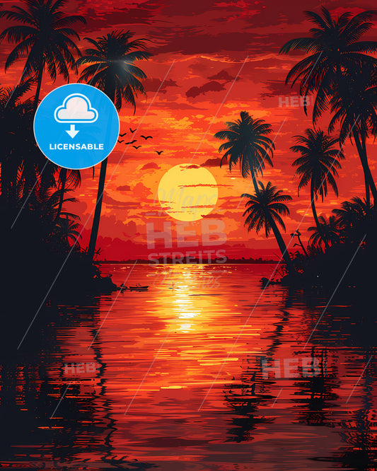 Vibrant Artistic Sunset Painting of Mozambique, Africa, Palm Trees over Water