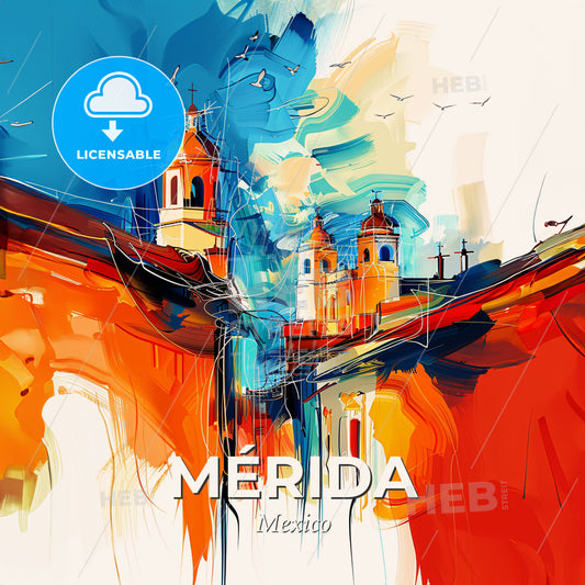 Vibrant Mérida, Mexico - A Painting Of A Building With A Tower - Square format print template