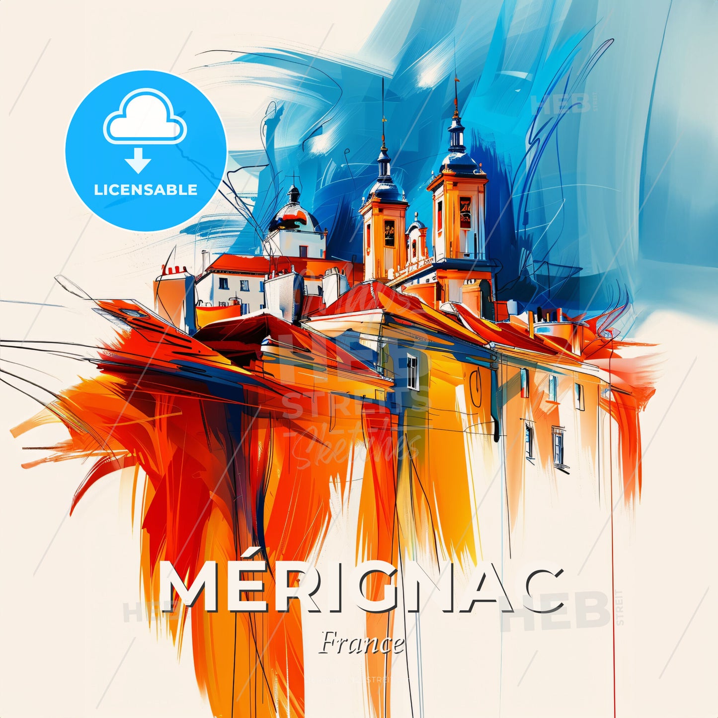 Vibrant Mérignac, France - A Painting Of A Building With A Red Roof - Square format print template