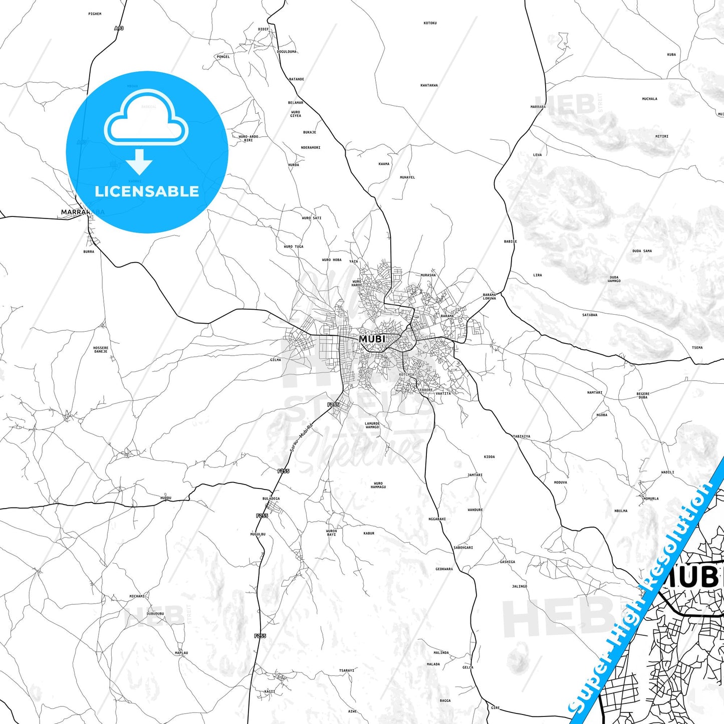 Mubi, Nigeria light map with streetnames, citynames and districts