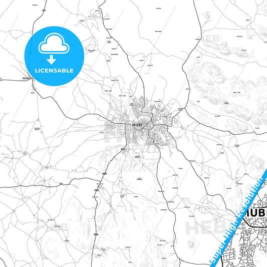 Mubi, Nigeria light map with streetnames, citynames and districts