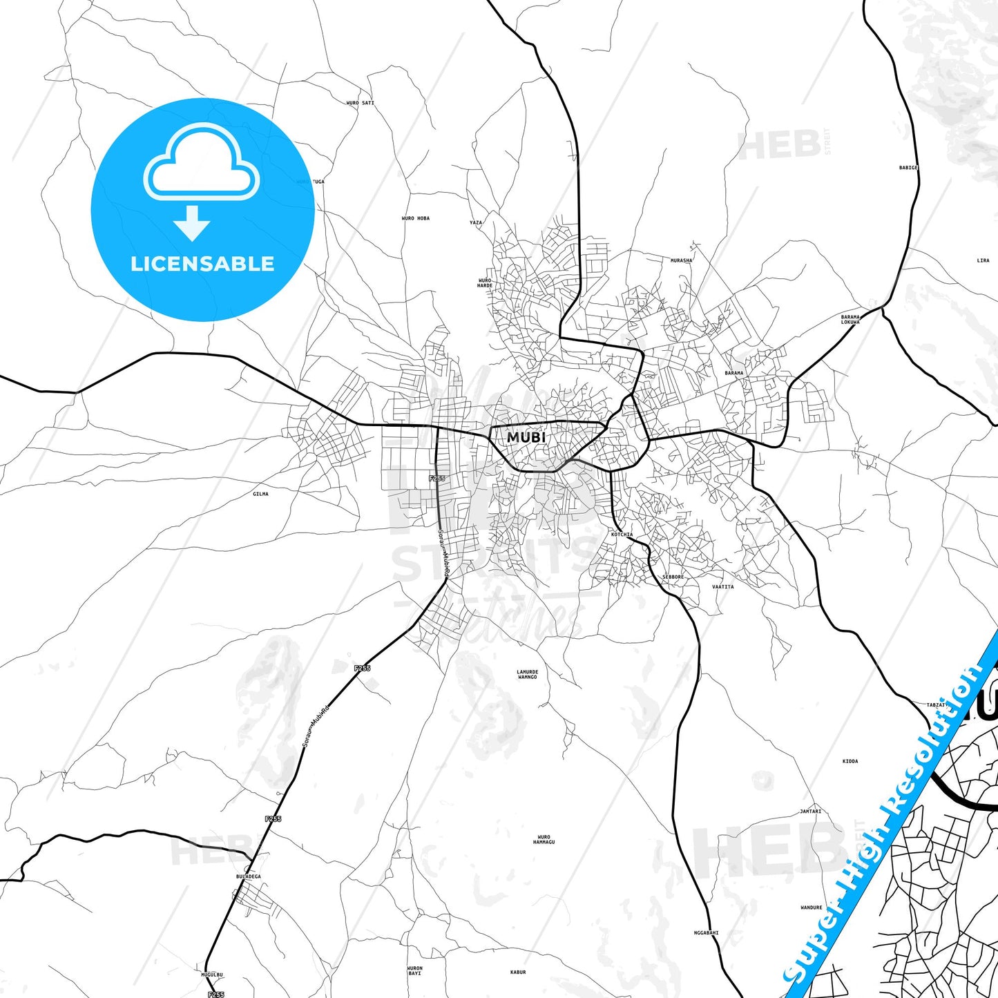 Mubi, Nigeria Light Map with Street Names, City Names, and Districts