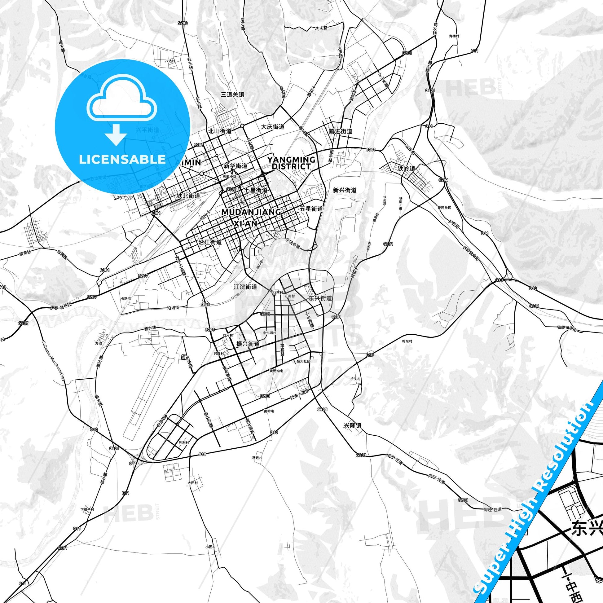 Mudanjiang, China light map with streetnames, citynames and districts