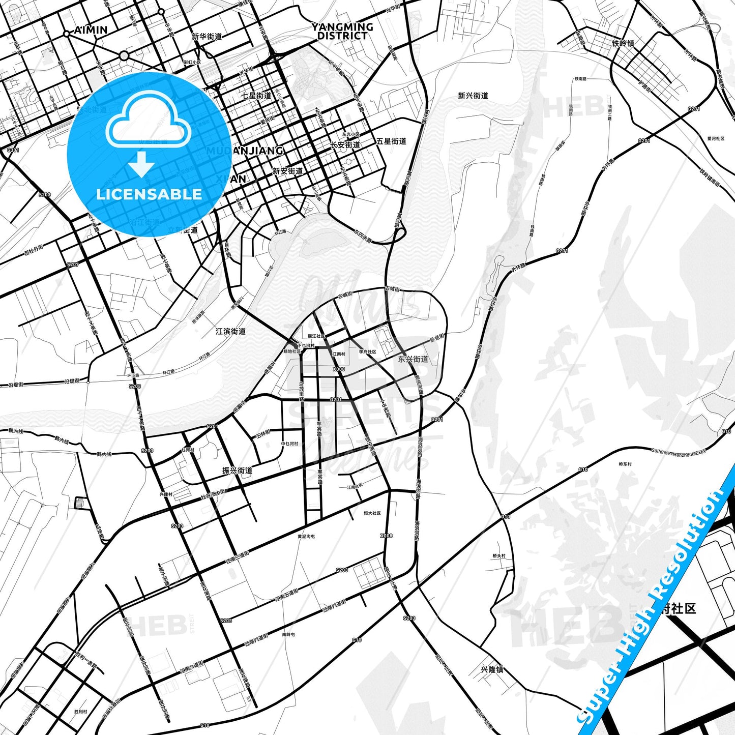 Mudanjiang, China Light Map with Street Names, City Names, and Districts