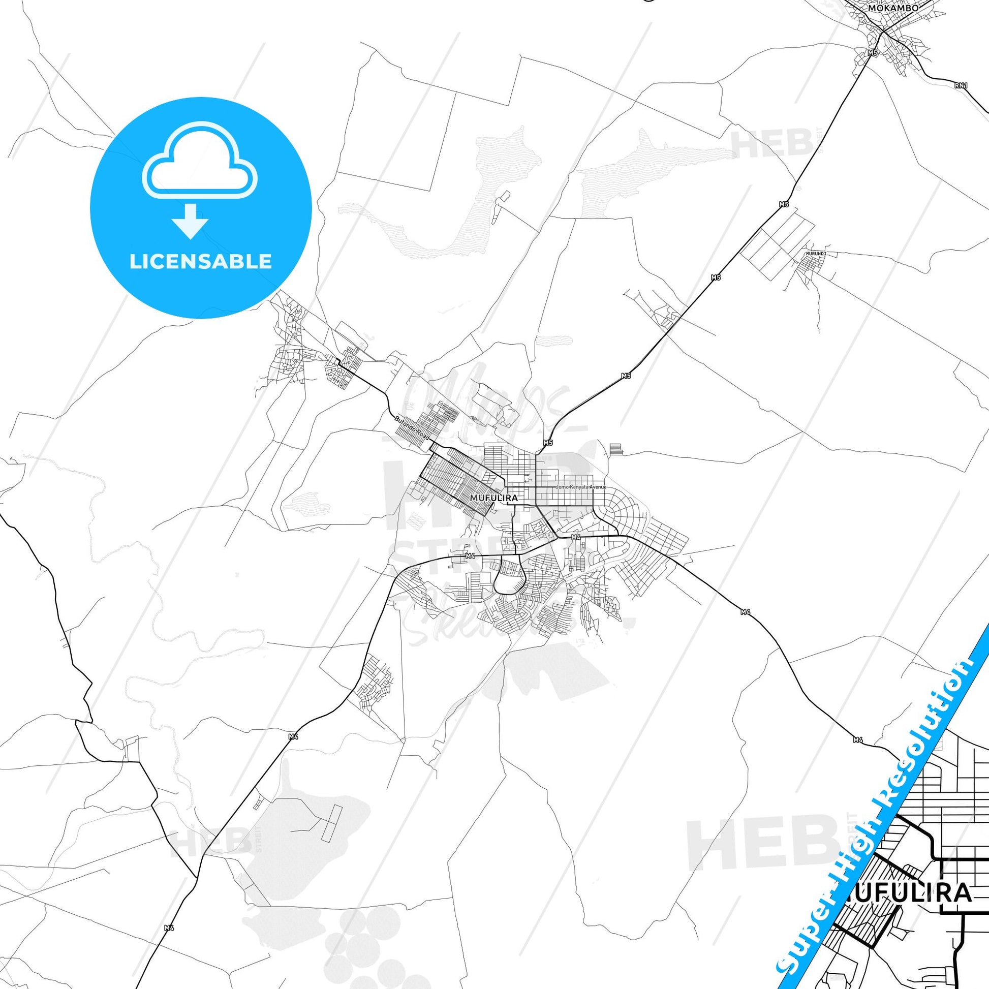 Mufulira, Zambia light map with streetnames, citynames and districts