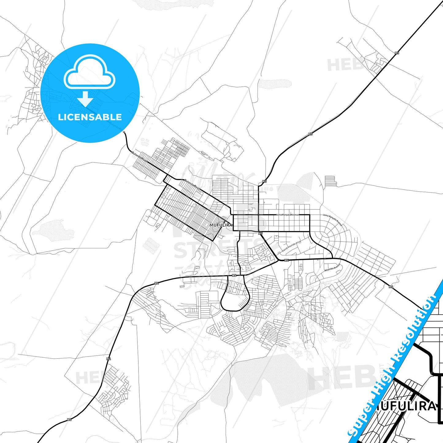Mufulira, Zambia Light Map with Street Names, City Names, and Districts