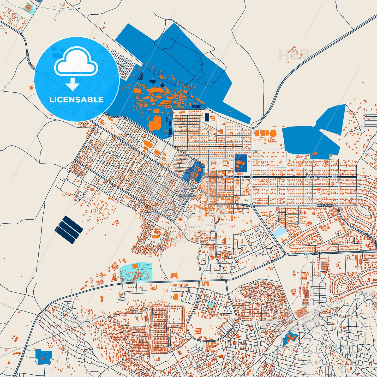 Colorful Mufulira Street Map with Labels and Buildings