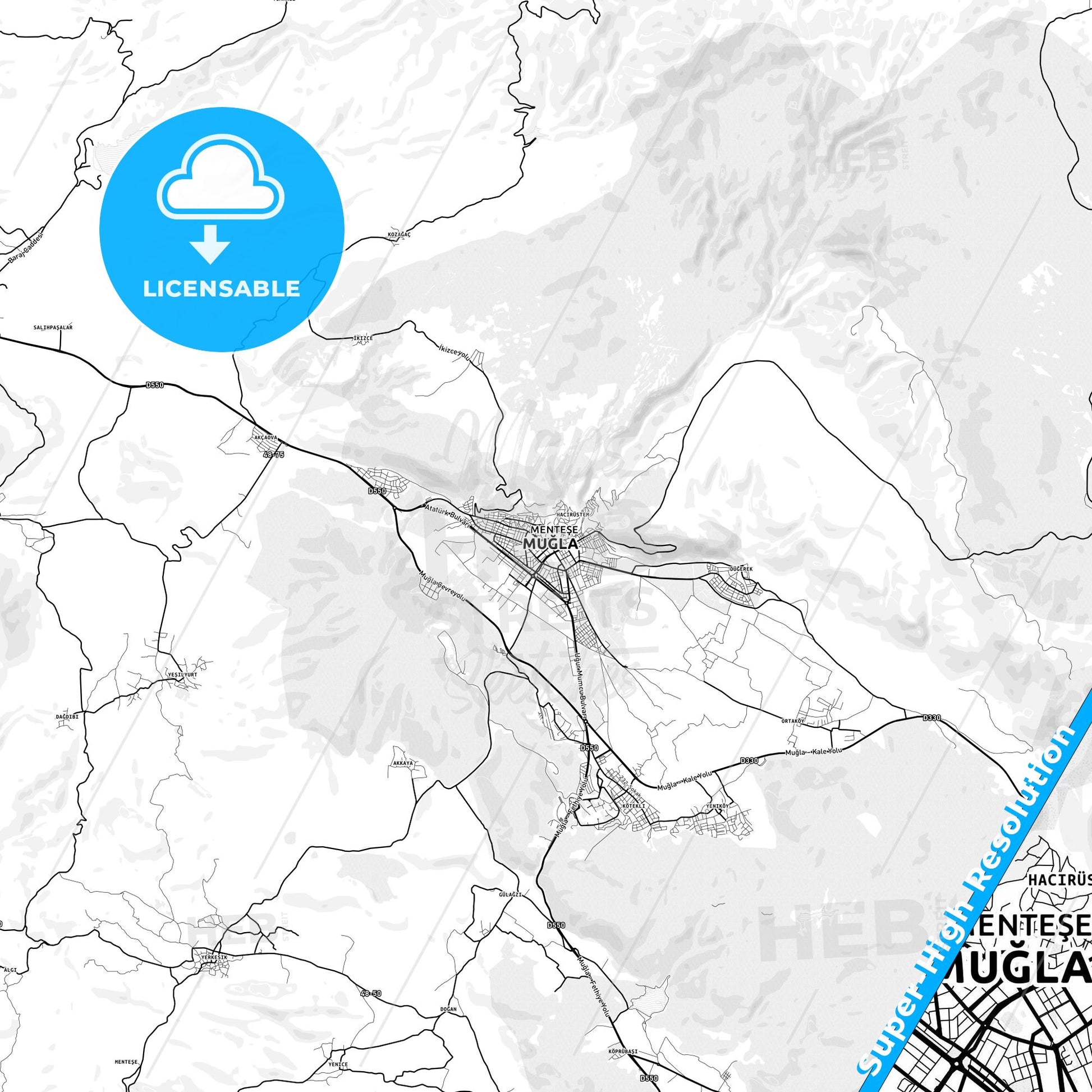 Muğla, Turkey light map with streetnames, citynames and districts