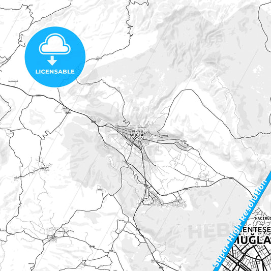 Muğla, Turkey light map with streetnames, citynames and districts